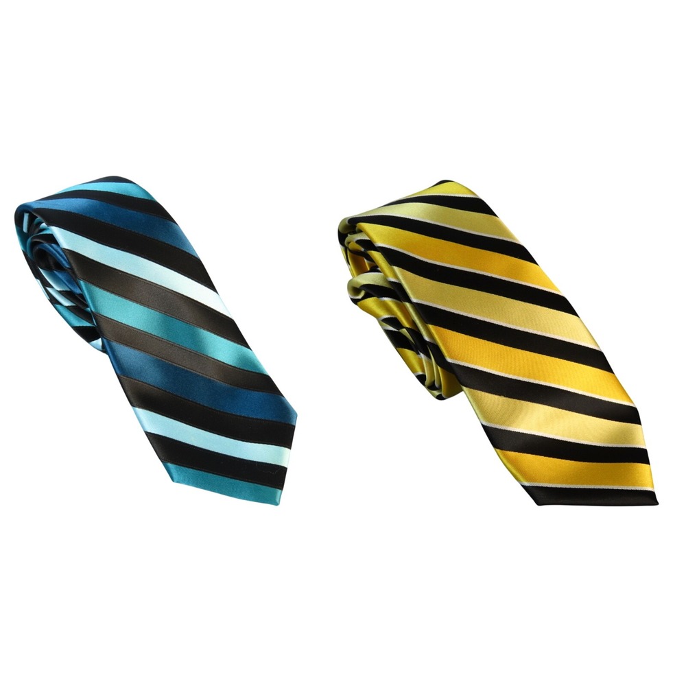 VTG MEN'S SATIN NECK TIE Lot of 2, JF J FERRAR Yellow Ombre Blue Black STRIPES